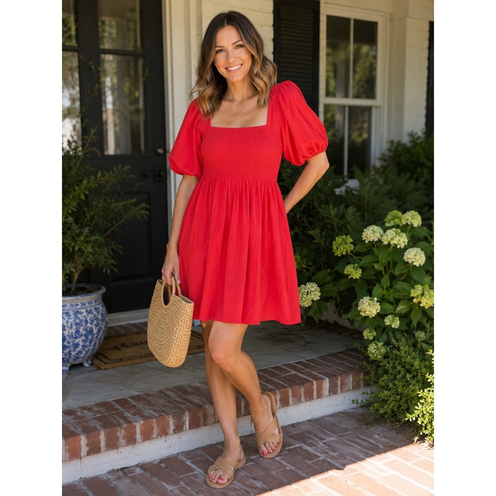Draper James Puff Sleeve Smocked Back Mini Dress NWT Small Red Pink Cotton - Picture 2 of 12